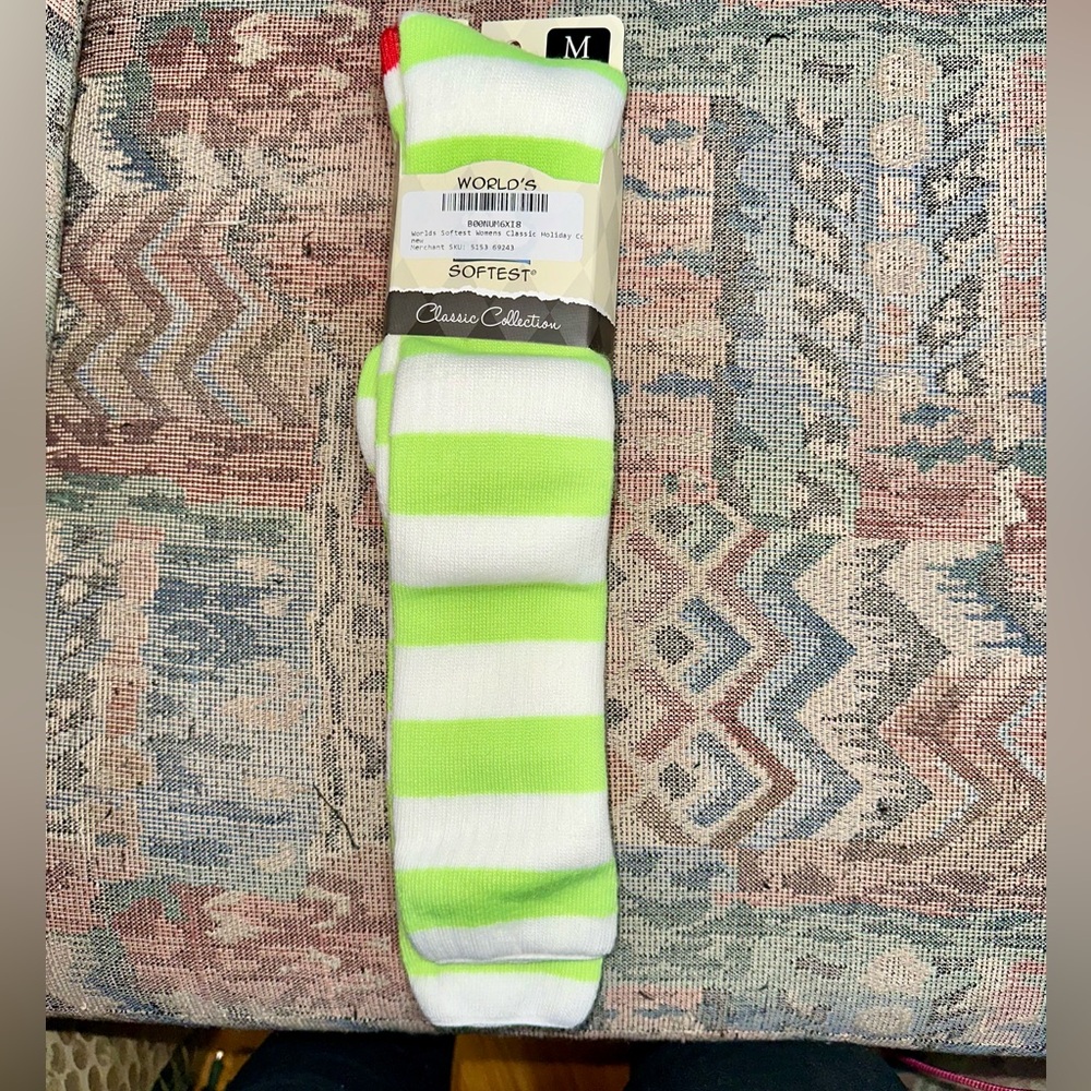 World's Softest Socks  Knee High | Green & white striped, red heel & toe